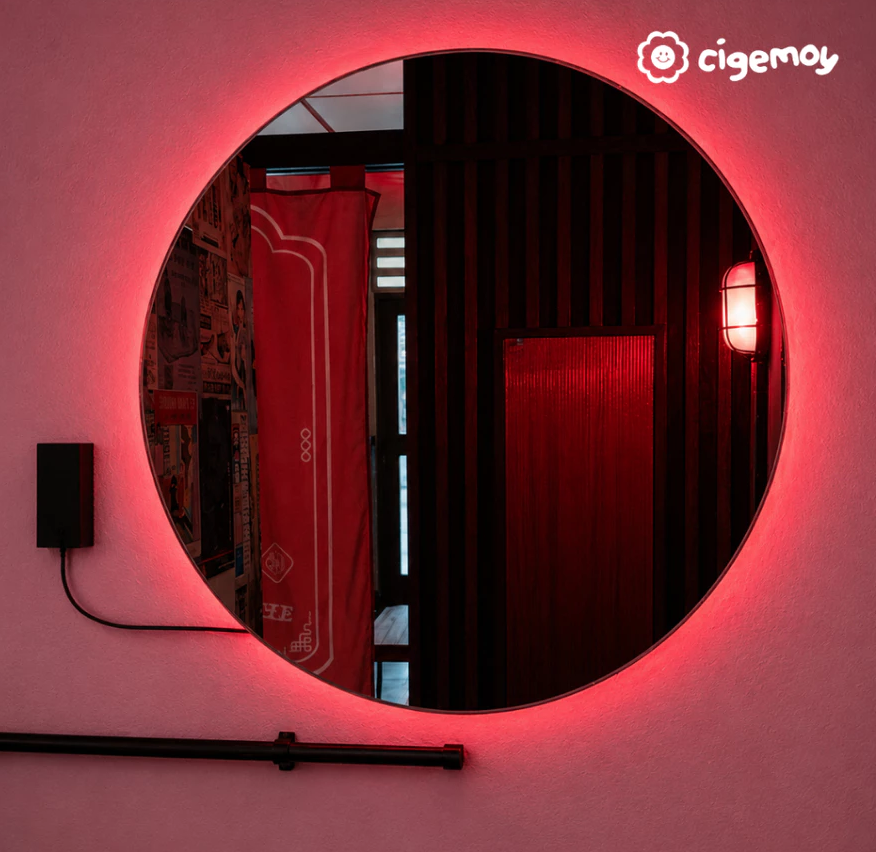 Cigemoy Cermin Dinding Bulat LED Merah Biru (Free Packing Kayu)