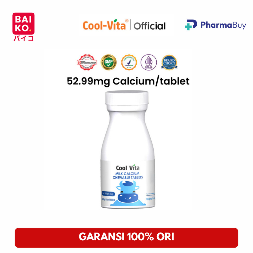 Cool-Vita Calcium Chewable 1 Botol 30 Tablet Kunyah Vitamin Tinggi Kalsium Rasa Susu Bantu Tinggi dan Dukung Pertumbuhan Tulang Secara Optimal untuk Anak dan Dewasa BPOM & HALAL