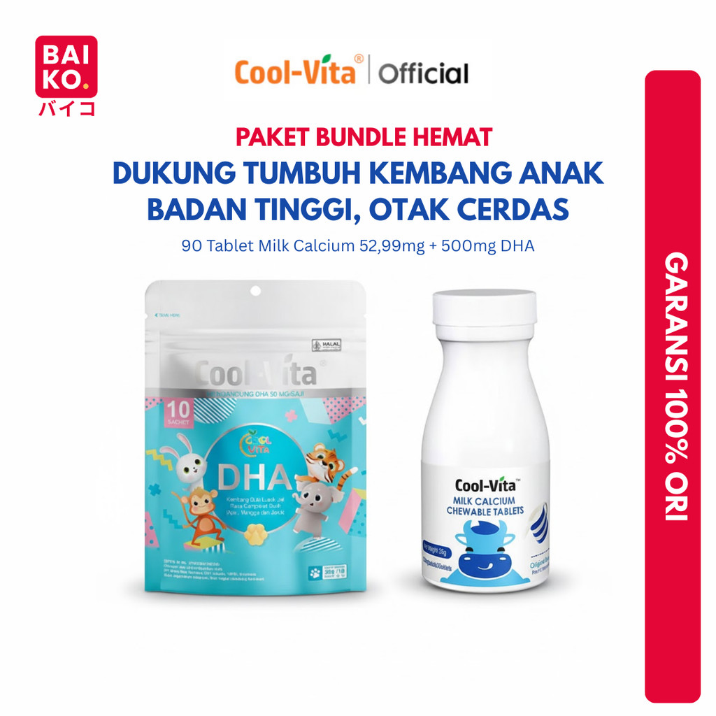Paket Bundle Cool-Vita Calcium Chewable 1 Botol + Cool-Vita DHA Gummy 1 Pouch Suplemen Pendukung Tumbuh Tinggi dan Pintar untuk Anak dan Dewasa ORIGINAL BPOM HALAL