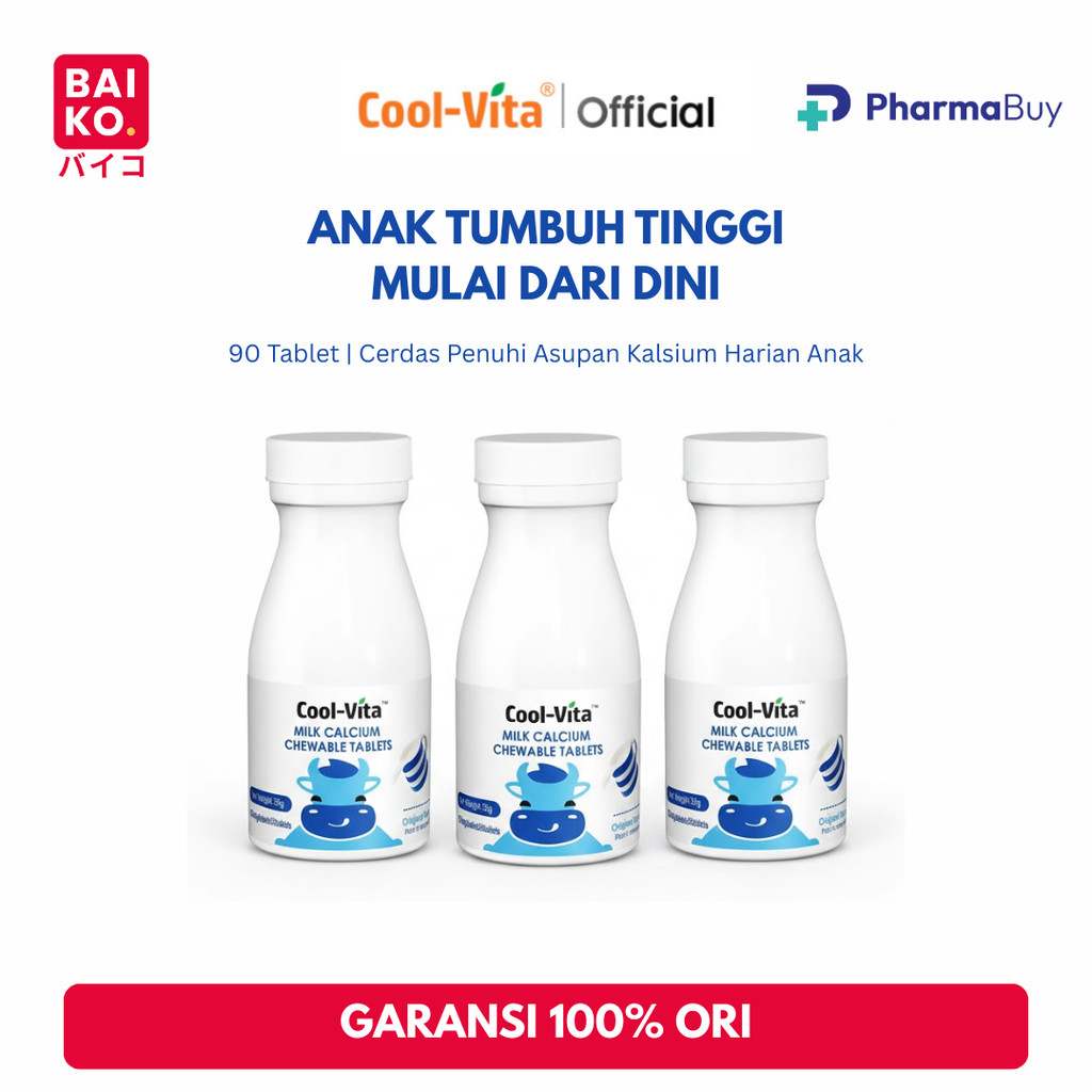 Paket Bundle 3 Botol Cool-Vita Calcium Chewable 90 Tablet Kunyah Vitamin D Rasa Susu Bantu Tinggi dan Dukung Pertumbuhan Tulang Secara Optimal untuk Anak dan Dewasa BPOM & HALAL
