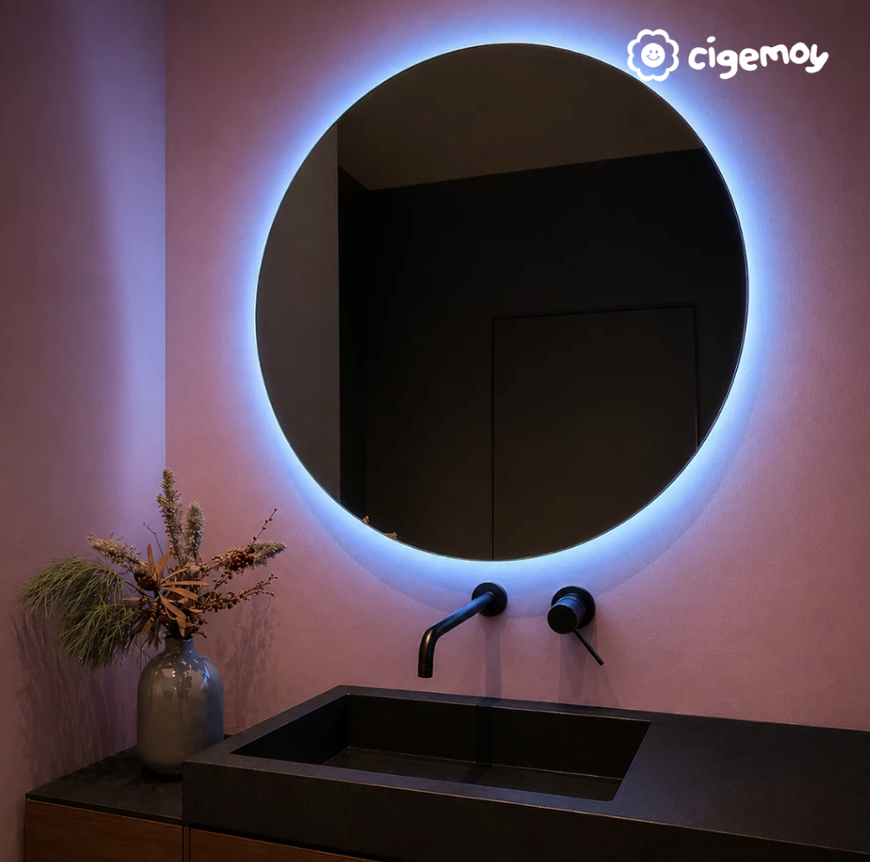 Cigemoy Cermin Dinding Bulat LED Merah Biru (Free Packing Kayu)