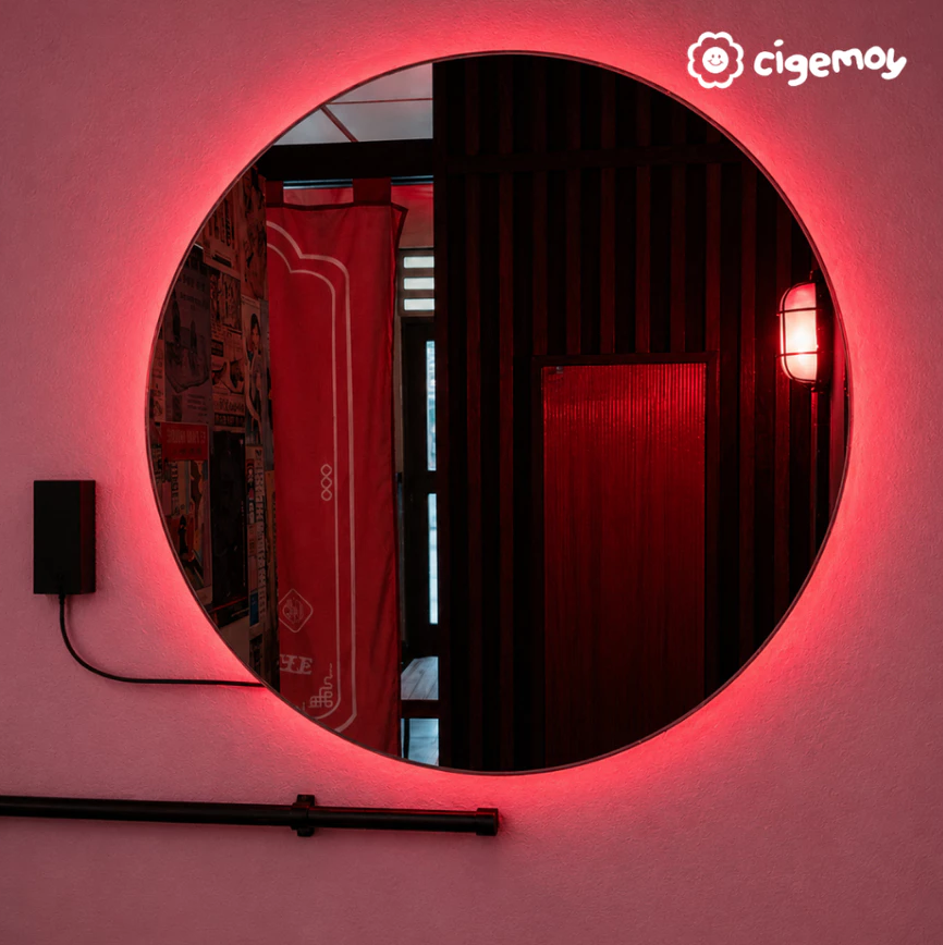 Cigemoy Cermin Dinding Bulat LED Merah Biru (Free Packing Kayu)