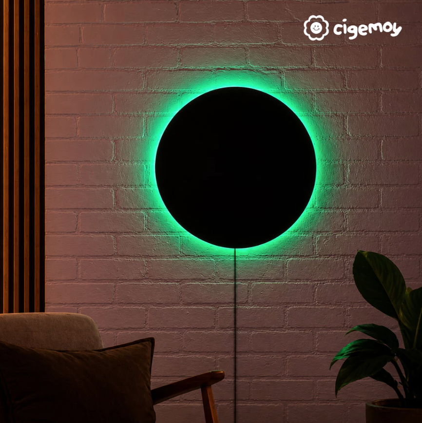 Cigemoy Cermin Dinding Bulat LED Merah Biru (Free Packing Kayu)